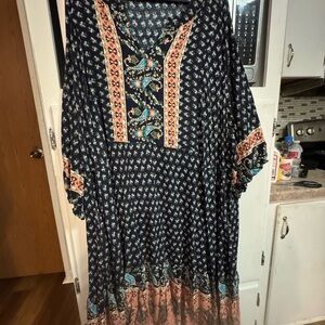 “Boho Light & Friendly” Elegant Navy and Coral Patterned Dress
